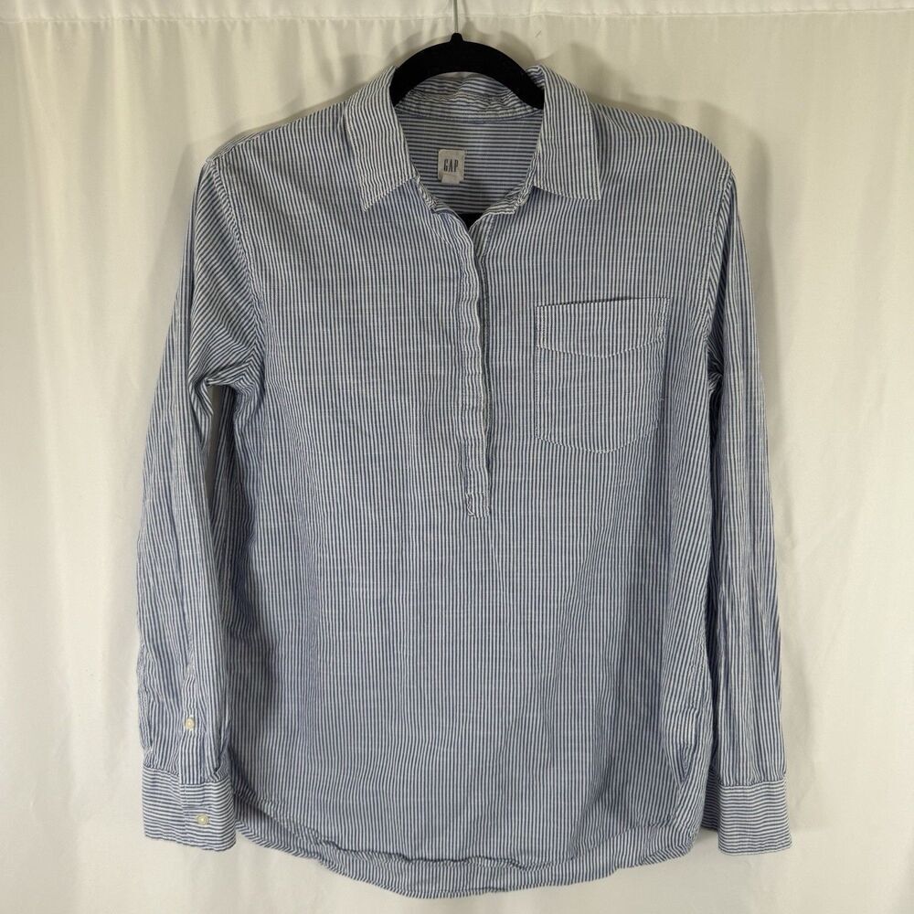 Gap Blouse Women's Small Blue White Striped Long Sleeve 100% Cotton Collared